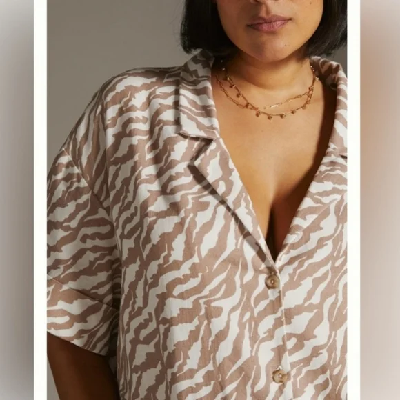 Anthropologie Amadi Zebra Stripe Safari Mini Shirt Dress Brown/White Med - Picture 4 of 16